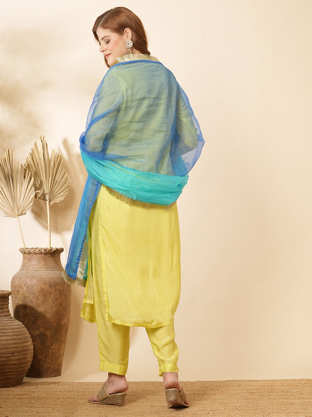 Solid Zari & Mirror Embroidered Straight Fit Kurta with Pant and Color block Dupatta - Yellow