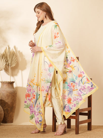Floral Printed & Hand Embroidered Straight Fit Kurta with Pant and Pure Cotton Dupatta - Cream