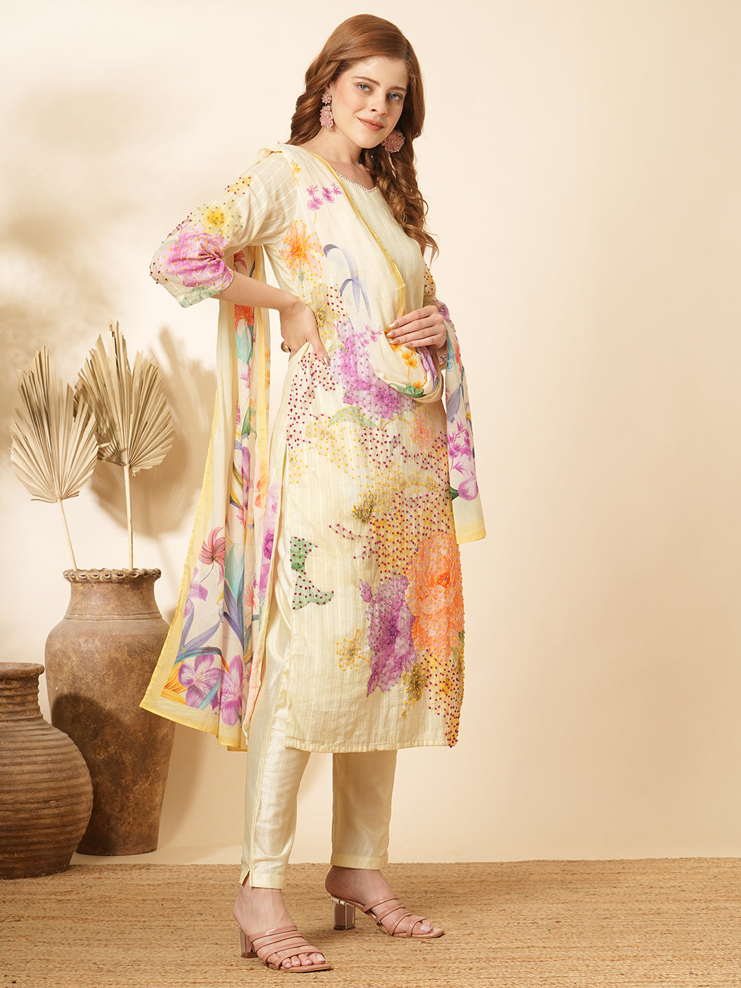 Floral Printed & Hand Embroidered Straight Fit Kurta with Pant and Pure Cotton Dupatta - Cream