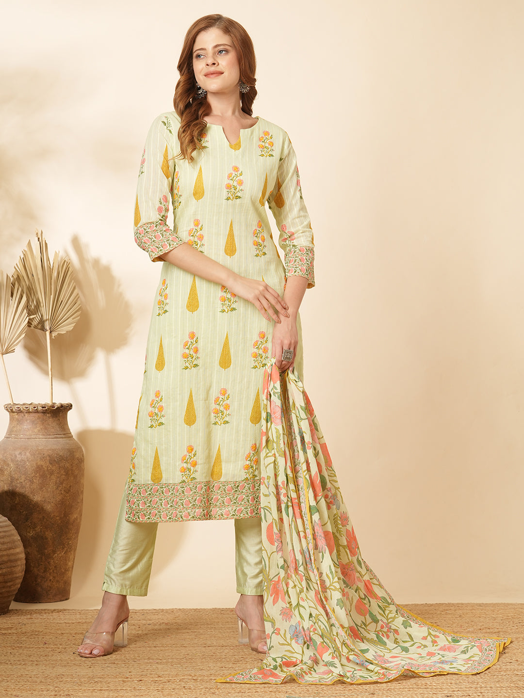 Floral Printed & Embroidered Straight Kurta with Pant and Dupatta - Mint Green