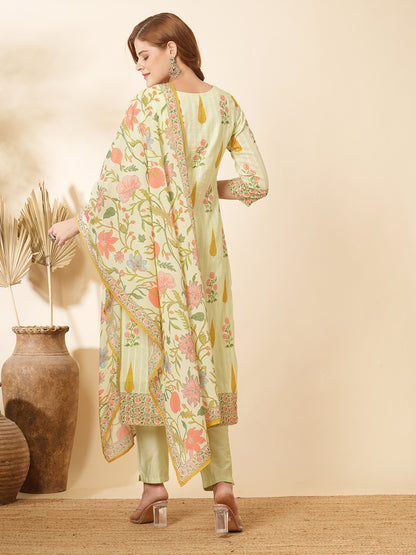 Floral Printed & Embroidered Straight Kurta with Pant and Dupatta - Mint Green