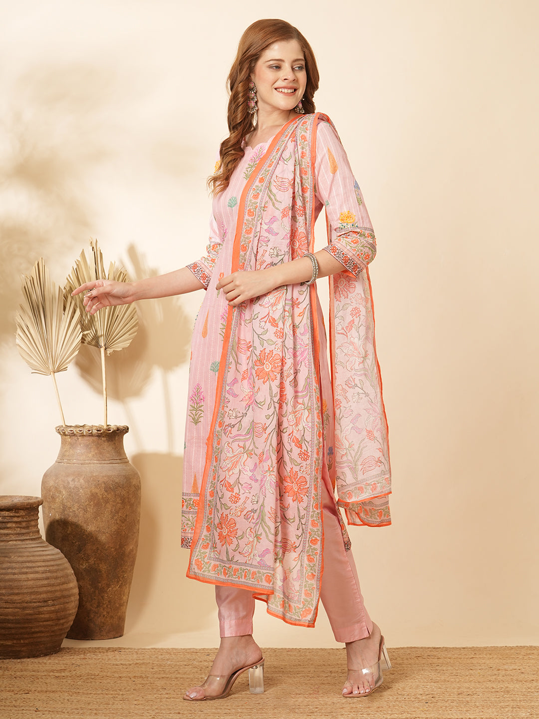 Floral Printed & Embroidered Straight Kurta with Pant and Dupatta - Pink