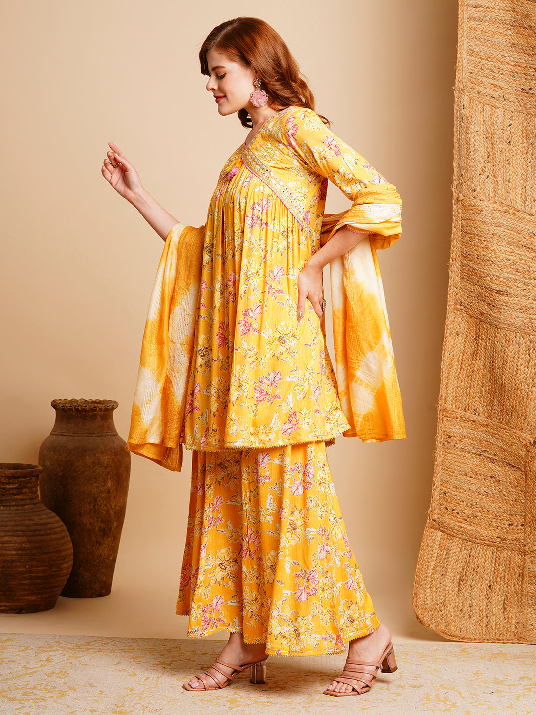 Floral Printed & Embroidered A-Line Pleated Kurta with Palazzo & Dupatta - Yellow