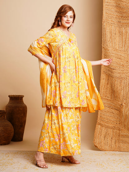 Floral Printed & Embroidered A-Line Pleated Kurta with Palazzo & Dupatta - Yellow