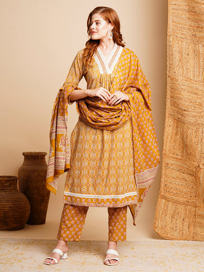 Ethnic Printed & Embroidered A-Line Pleated Kurta with Pant & Dupatta - Mustard