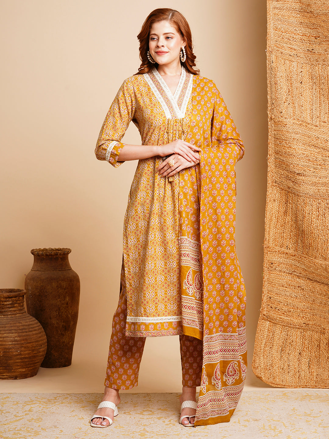 Ethnic Printed & Embroidered A-Line Pleated Kurta with Pant & Dupatta - Mustard