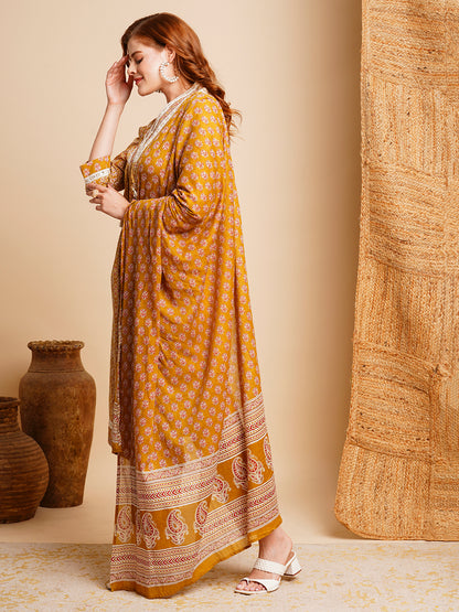 Ethnic Printed & Embroidered A-Line Pleated Kurta with Pant & Dupatta - Mustard