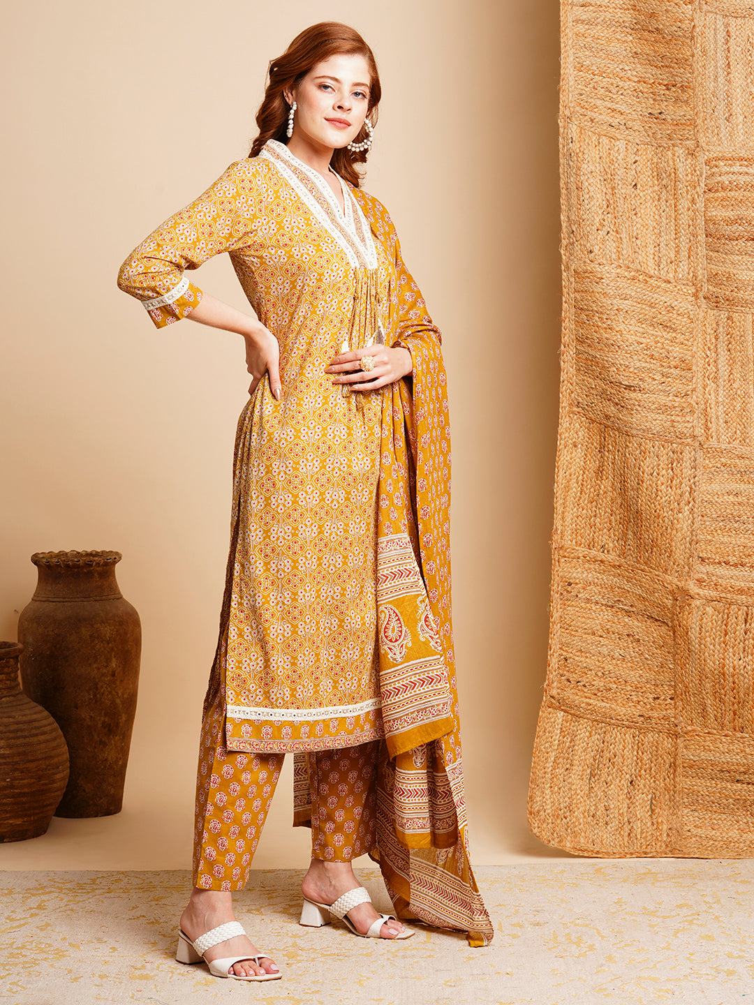 Ethnic Printed & Embroidered A-Line Pleated Kurta with Pant & Dupatta - Mustard