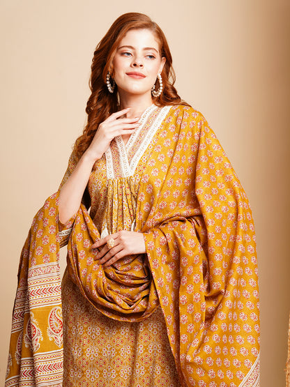 Ethnic Printed & Embroidered A-Line Pleated Kurta with Pant & Dupatta - Mustard