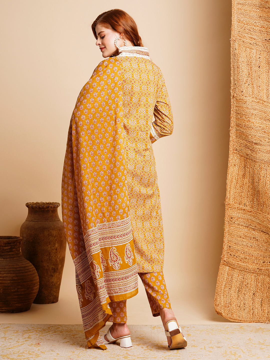 Ethnic Printed & Embroidered A-Line Pleated Kurta with Pant & Dupatta - Mustard