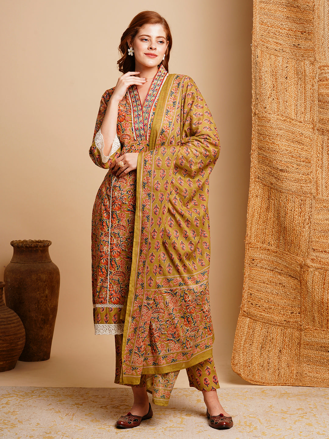 Ethnic Floral Printed Straight Kurta with Pant & Dupatta - Green