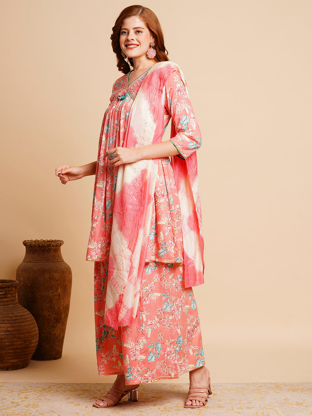 Floral Printed & Embroidered A-Line Pleated Kurta with Palazzo & Dupatta - Peach