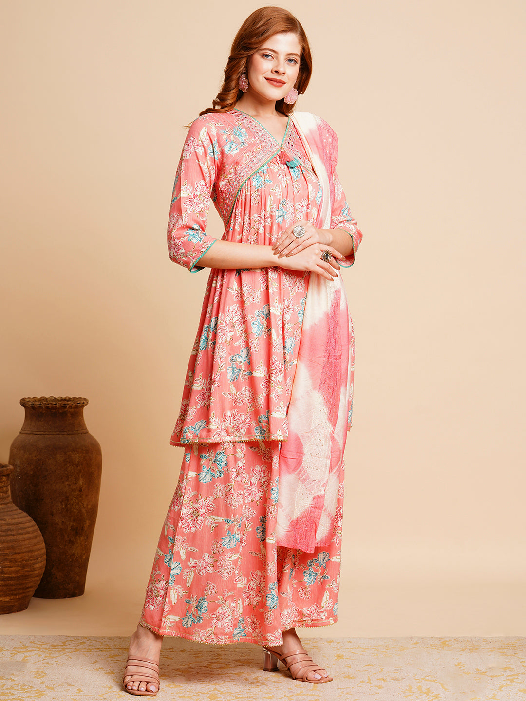 Floral Printed & Embroidered A-Line Pleated Kurta with Palazzo & Dupatta - Peach