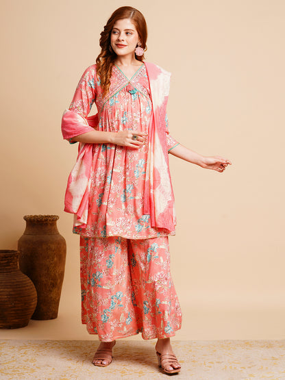 Floral Printed & Embroidered A-Line Pleated Kurta with Palazzo & Dupatta - Peach