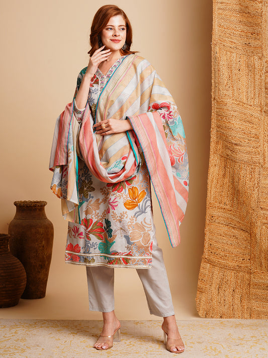 Floral Foil Printed & Embroidered Straight Kurta with Pant & Dupatta - Blue