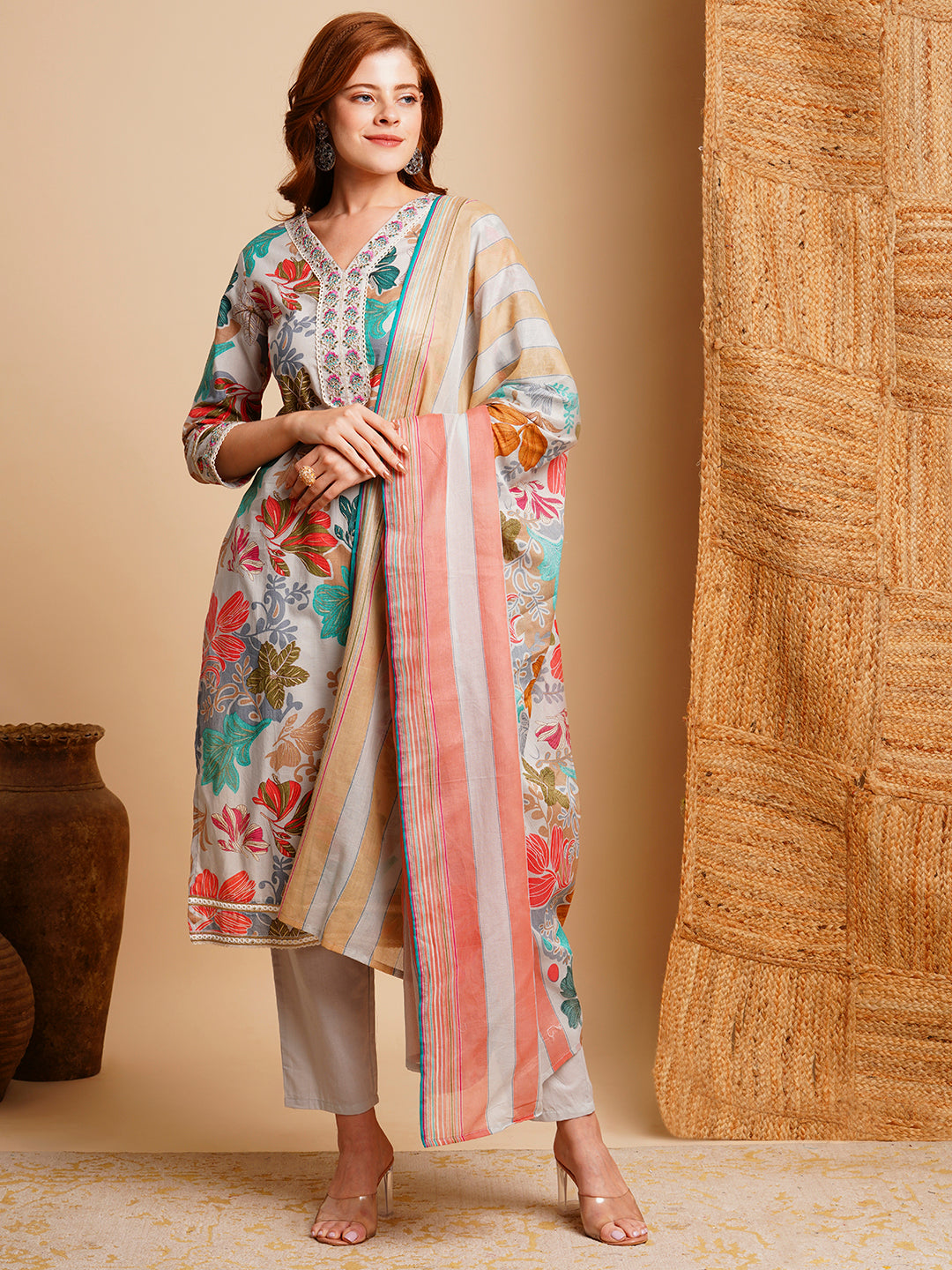 Floral Foil Printed & Embroidered Straight Kurta with Pant & Dupatta - Blue