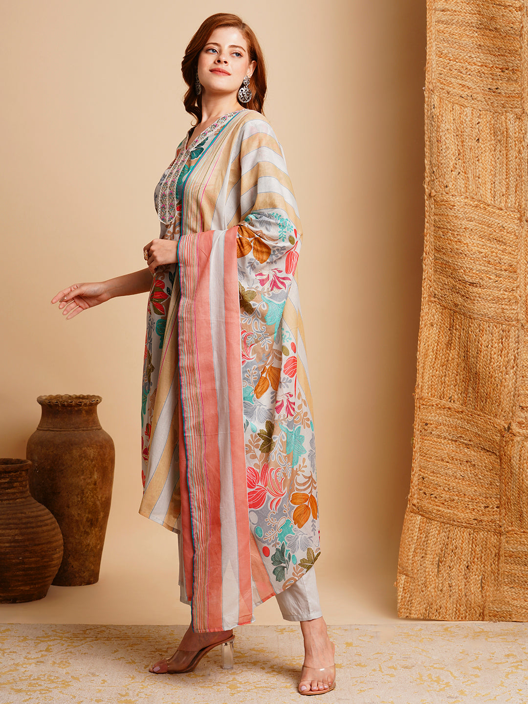 Floral Foil Printed & Embroidered Straight Kurta with Pant & Dupatta - Blue