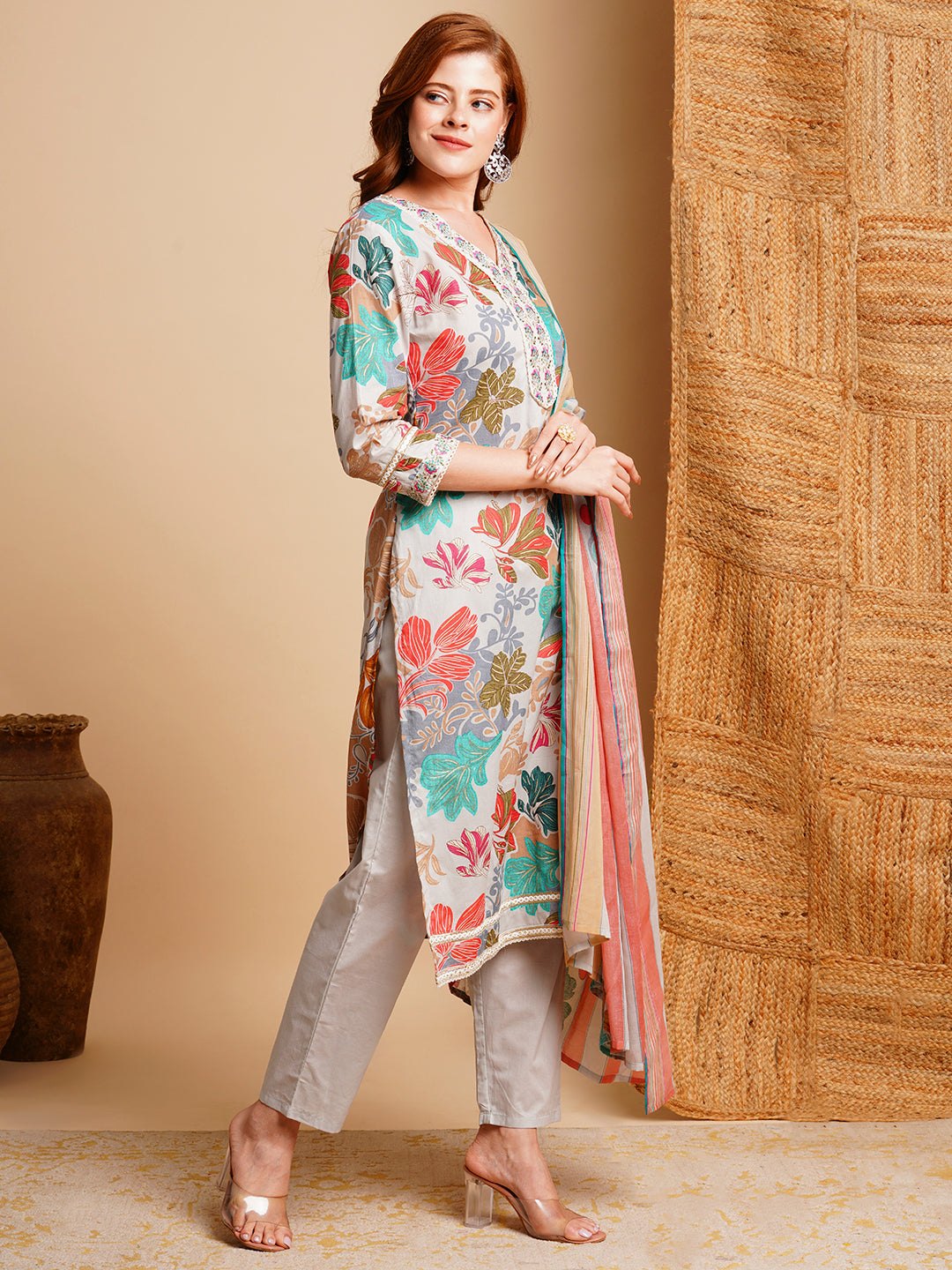 Floral Foil Printed & Embroidered Straight Kurta with Pant & Dupatta - Blue