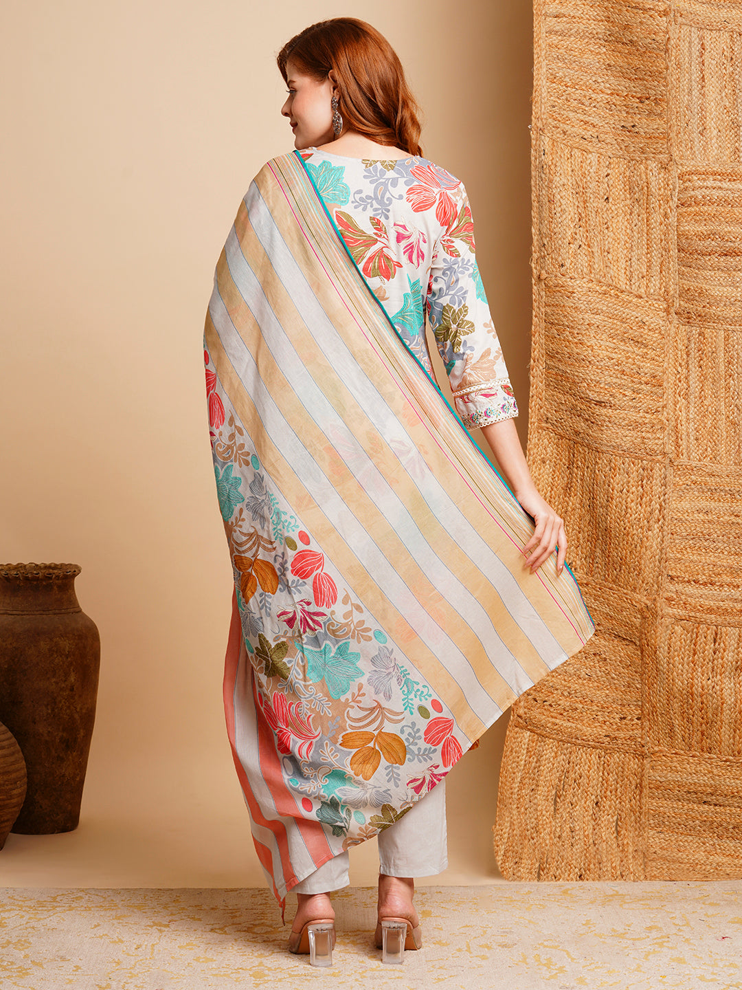 Floral Foil Printed & Embroidered Straight Kurta with Pant & Dupatta - Blue