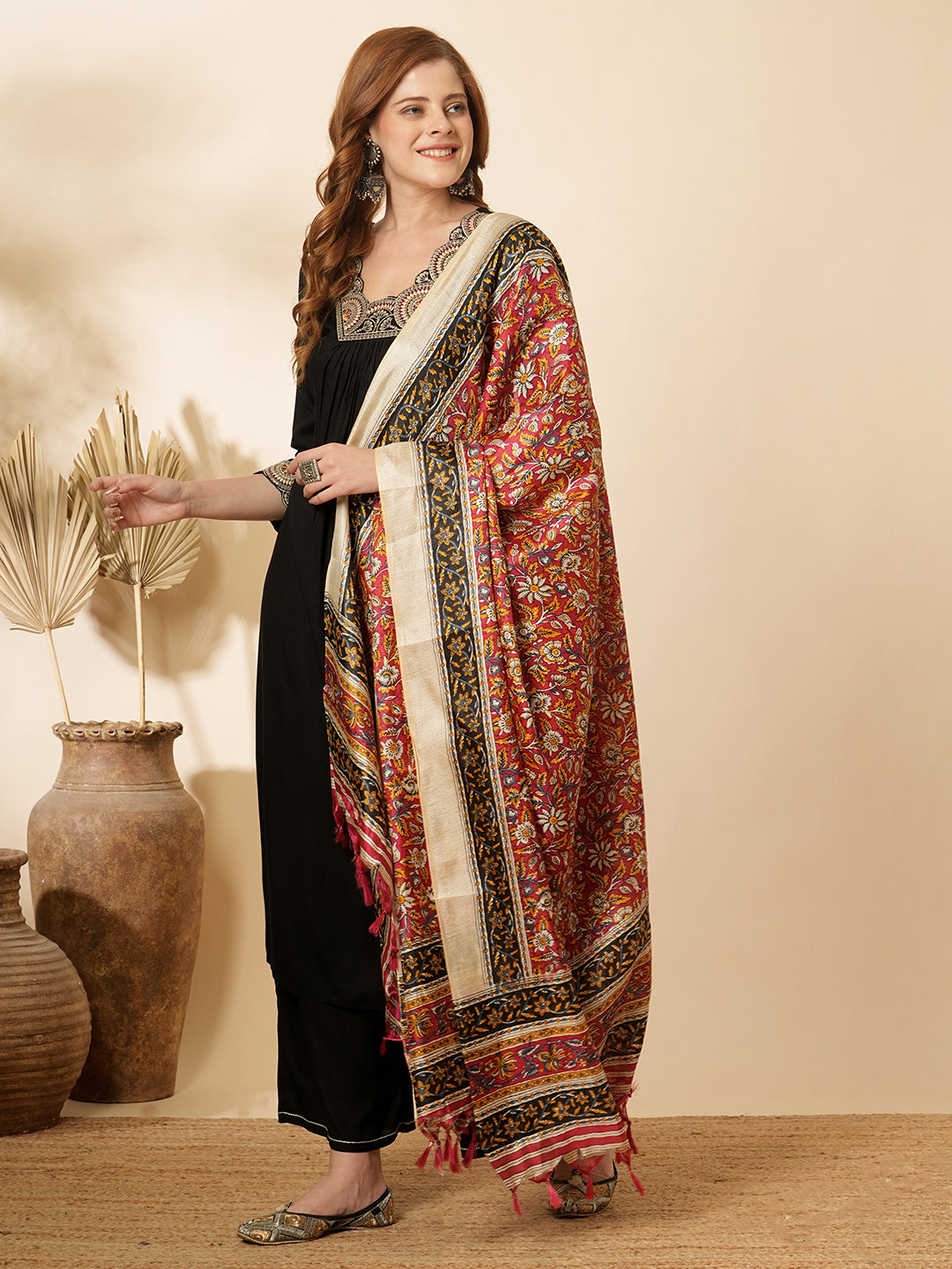 Solid Ethnic Embroidered A-Line Pleated Kurta with Palazzo & Printed Dupatta - Black