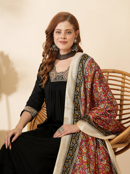 Solid Ethnic Embroidered A-Line Pleated Kurta with Palazzo & Printed Dupatta - Black