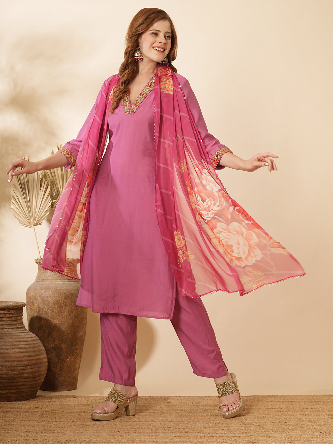 Ethnic Embroidered Straight Kurta with Pant & Floral Printed Dupatta - Purple