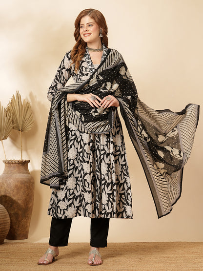 Floral Printed & Embroidered A-Line Paneled Kurta with Pant & Dupatta - Black