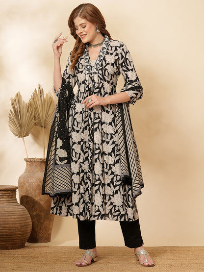 Floral Printed & Embroidered A-Line Paneled Kurta with Pant & Dupatta - Black