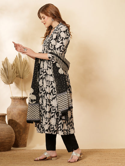 Floral Printed & Embroidered A-Line Paneled Kurta with Pant & Dupatta - Black