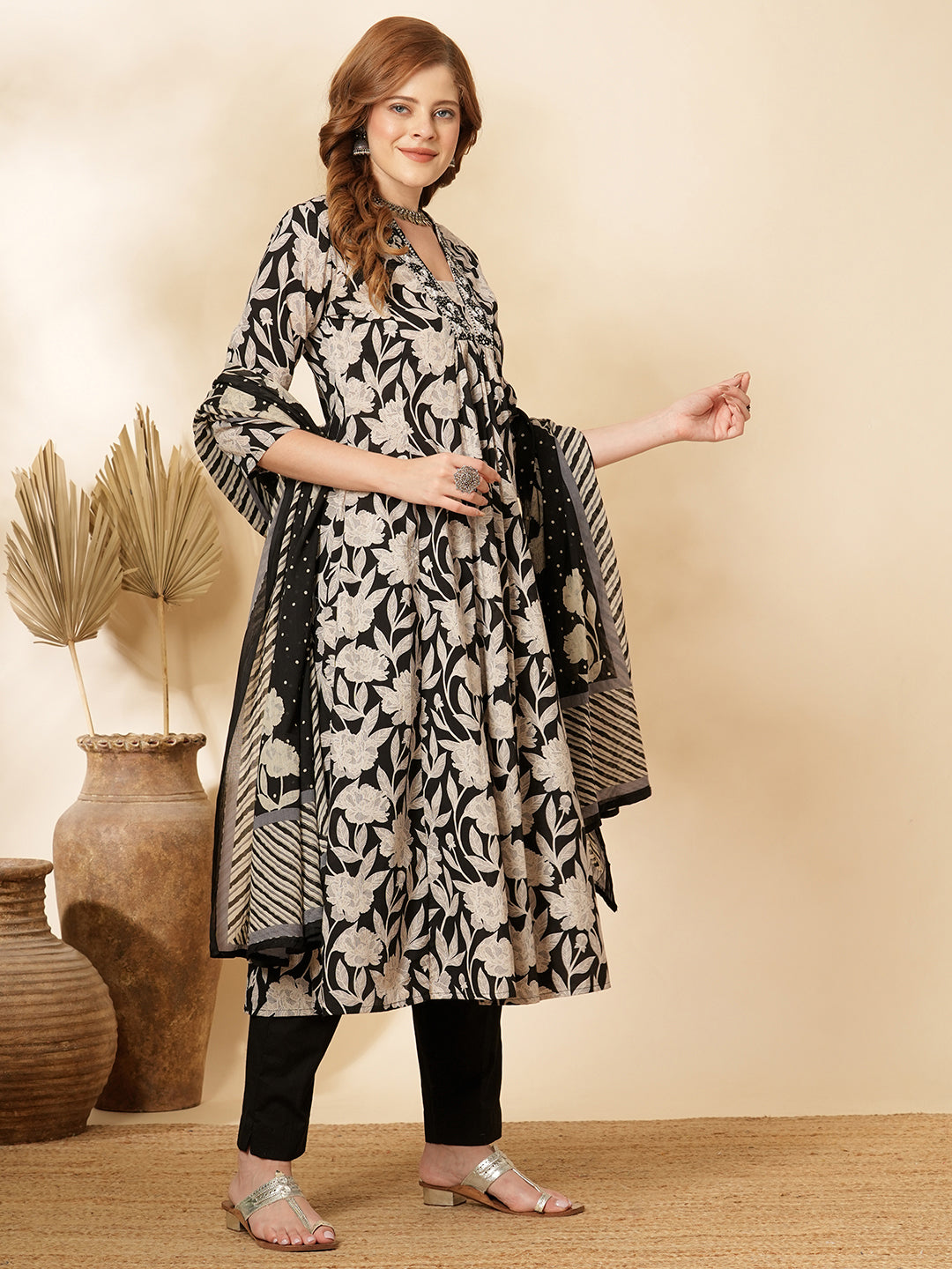 Floral Printed & Embroidered A-Line Paneled Kurta with Pant & Dupatta - Black