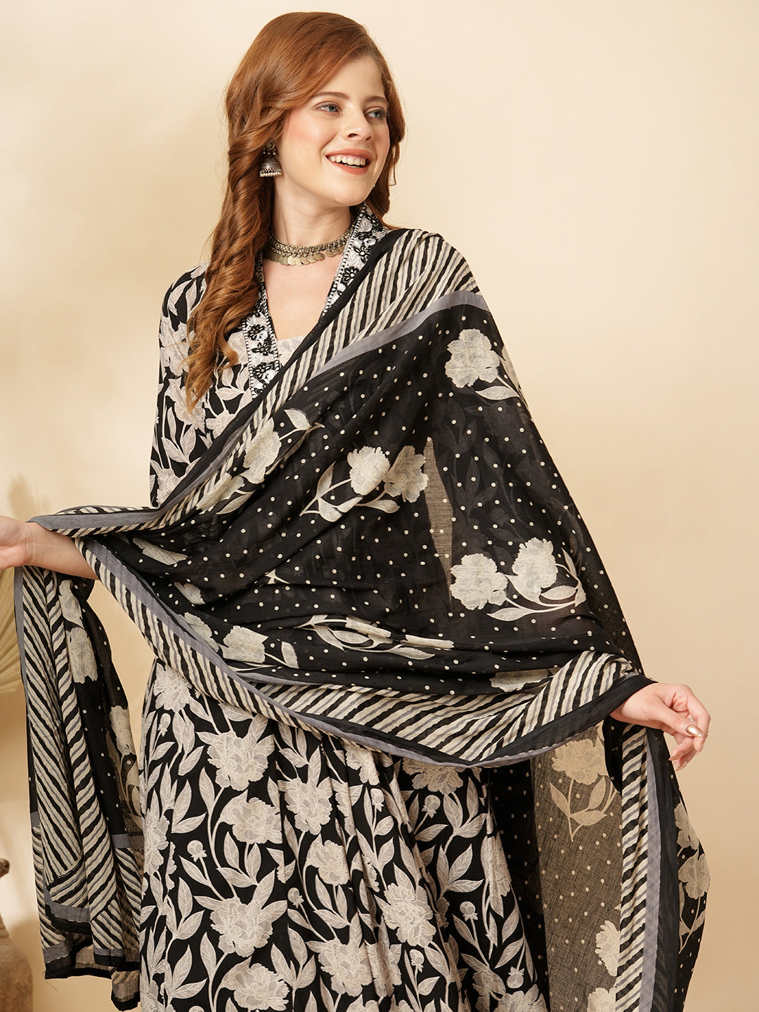 Floral Printed & Embroidered A-Line Paneled Kurta with Pant & Dupatta - Black