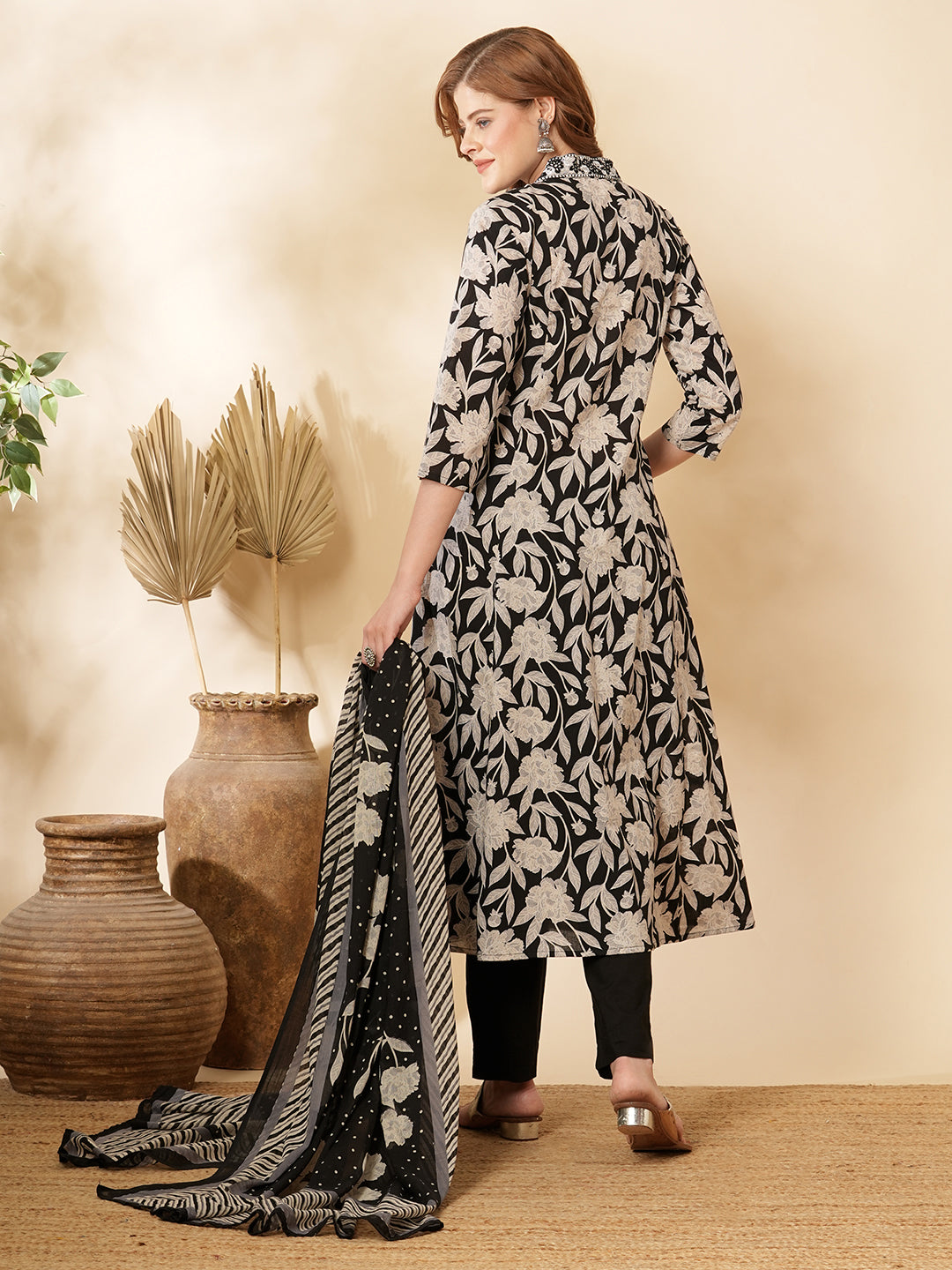 Floral Printed & Embroidered A-Line Paneled Kurta with Pant & Dupatta - Black