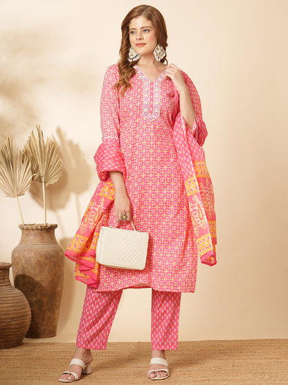 Ethnic Printed & Embroidered Straight Fit Kurta with Pant & Dupatta - Pink