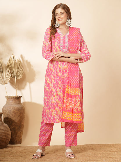 Ethnic Printed & Embroidered Straight Fit Kurta with Pant & Dupatta - Pink