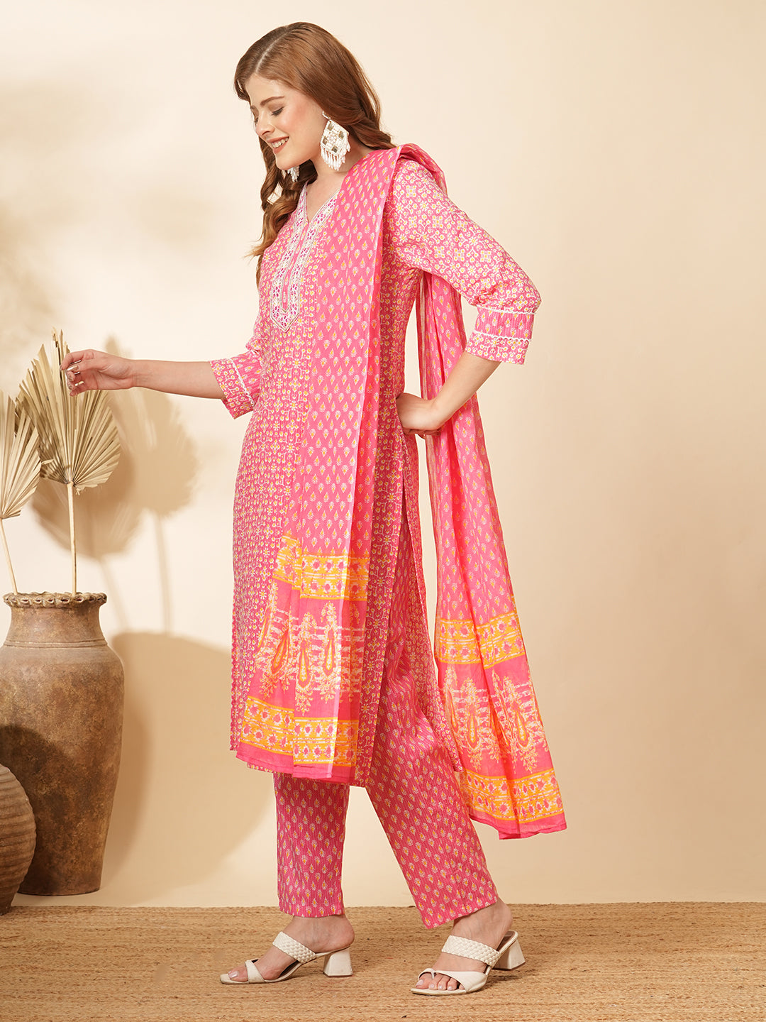 Ethnic Printed & Embroidered Straight Fit Kurta with Pant & Dupatta - Pink