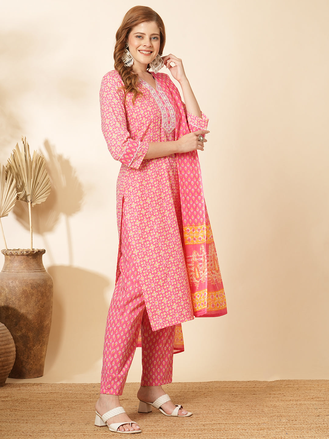 Ethnic Printed & Embroidered Straight Fit Kurta with Pant & Dupatta - Pink