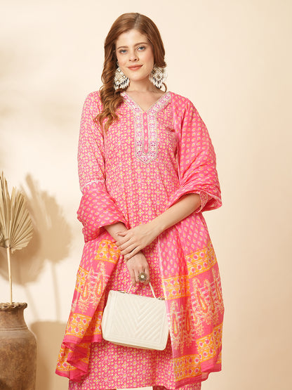 Ethnic Printed & Embroidered Straight Fit Kurta with Pant & Dupatta - Pink