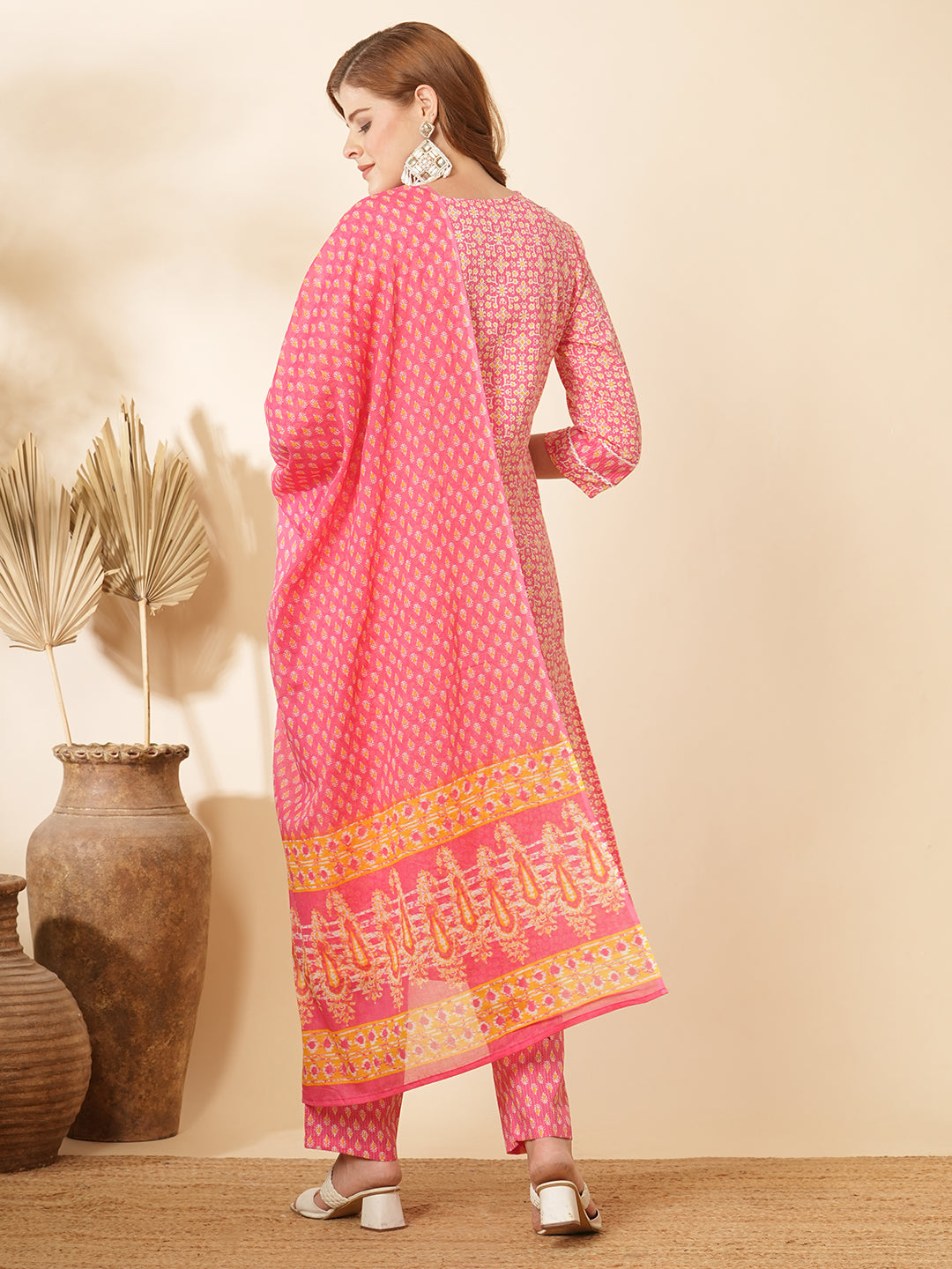 Ethnic Printed & Embroidered Straight Fit Kurta with Pant & Dupatta - Pink