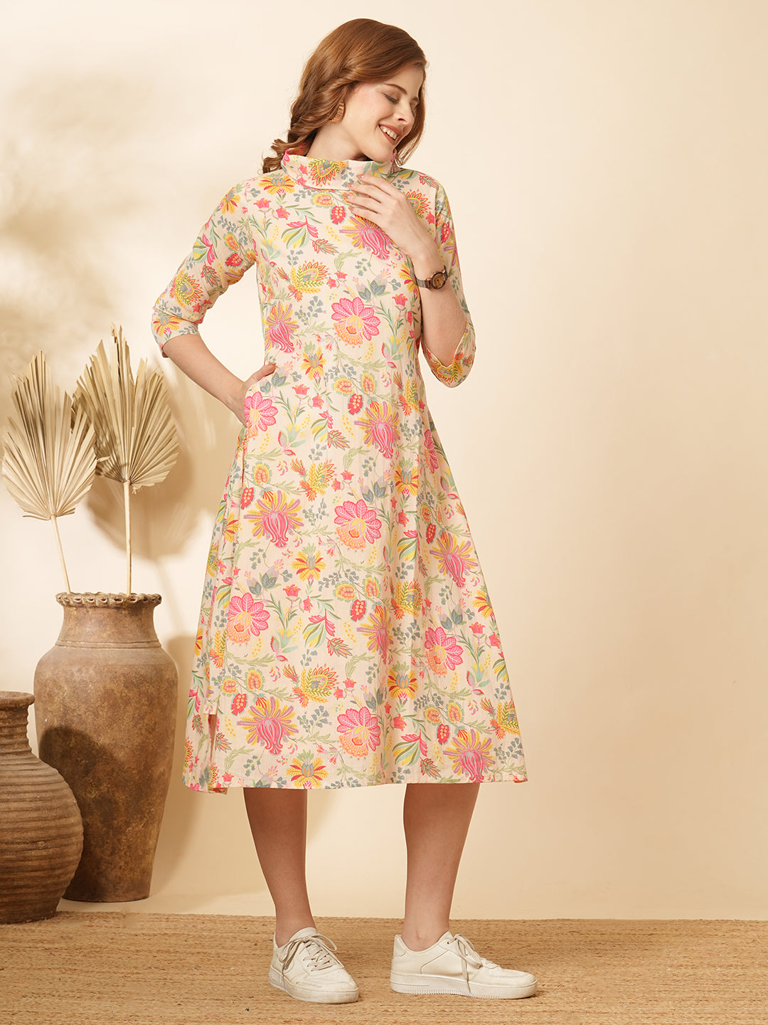 Ethnic Floral Printed A-Line Flared Paneled Midi Dress - Multi