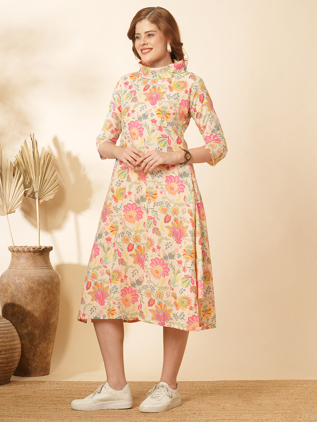 Ethnic Floral Printed A-Line Flared Paneled Midi Dress - Multi