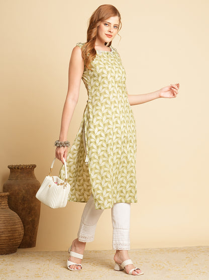 Ethnic Leaf Printed & Mirror Embroidered Straight Fit Kurta - Green