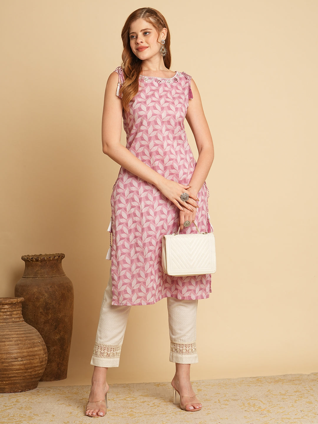 Ethnic Leaf Printed & Mirror Embroidered Straight Fit Kurta - Pink