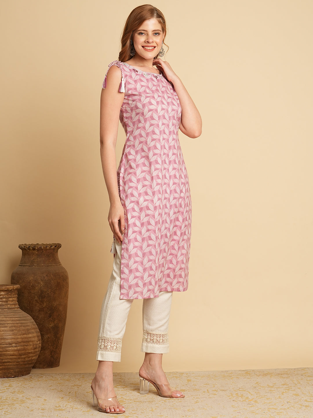 Ethnic Leaf Printed & Mirror Embroidered Straight Fit Kurta - Pink