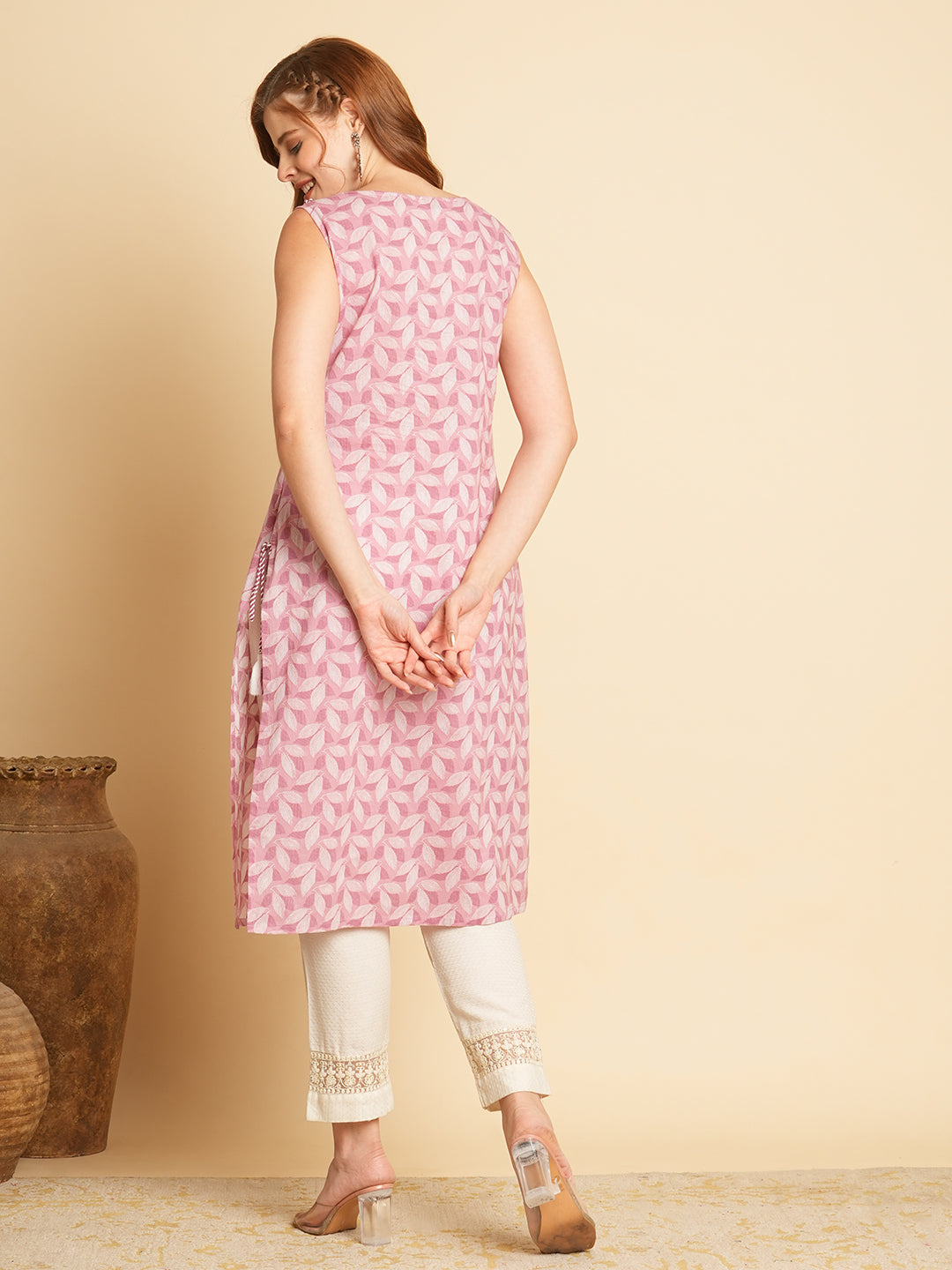 Ethnic Leaf Printed & Mirror Embroidered Straight Fit Kurta - Pink