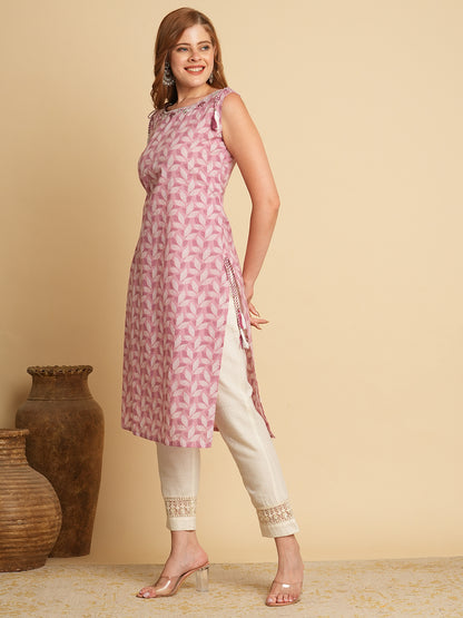 Ethnic Leaf Printed & Mirror Embroidered Straight Fit Kurta - Pink