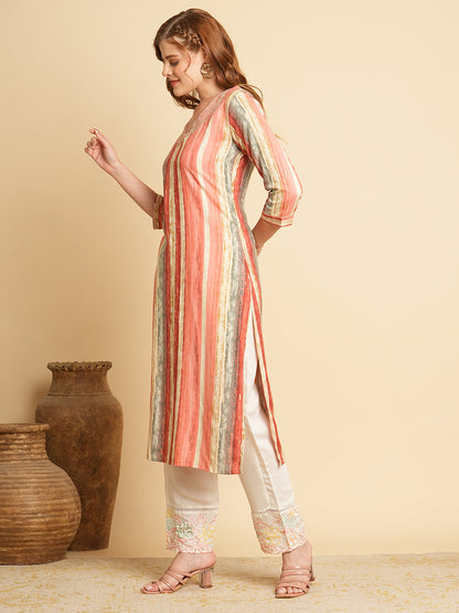 Ethnic Stripes Foil Printed & Embroidered Straight Fit Kurta - Pink