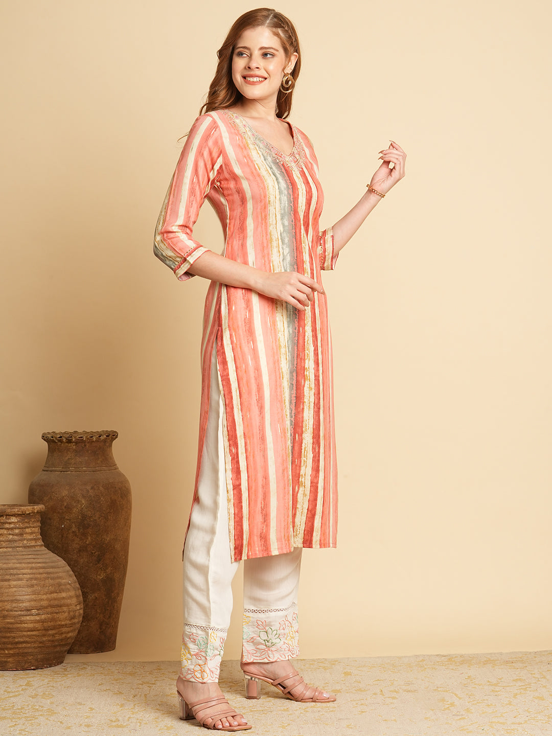 Ethnic Stripes Foil Printed & Embroidered Straight Fit Kurta - Pink