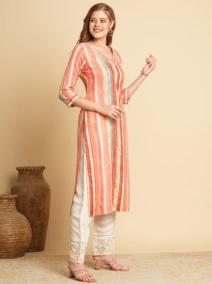 Ethnic Stripes Foil Printed & Embroidered Straight Fit Kurta - Pink