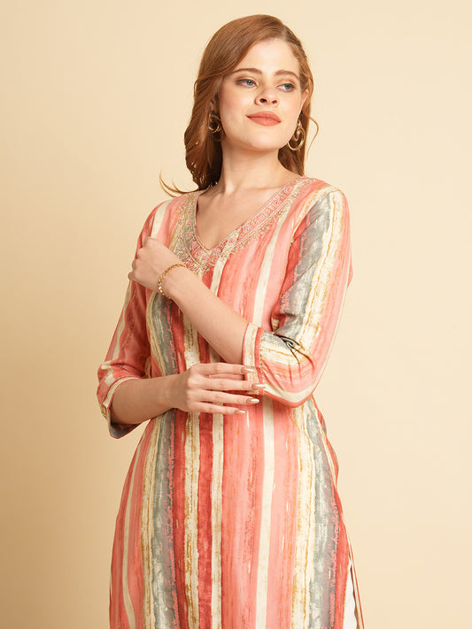 Ethnic Stripes Foil Printed & Embroidered Straight Fit Kurta - Pink