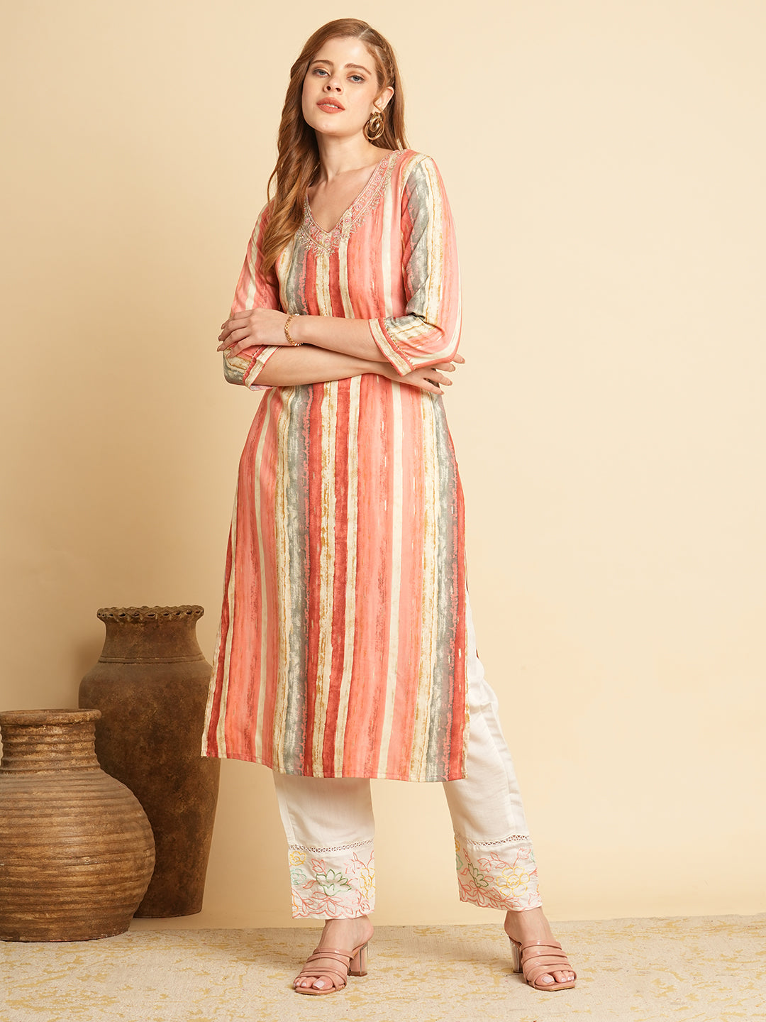 Ethnic Stripes Foil Printed & Embroidered Straight Fit Kurta - Pink